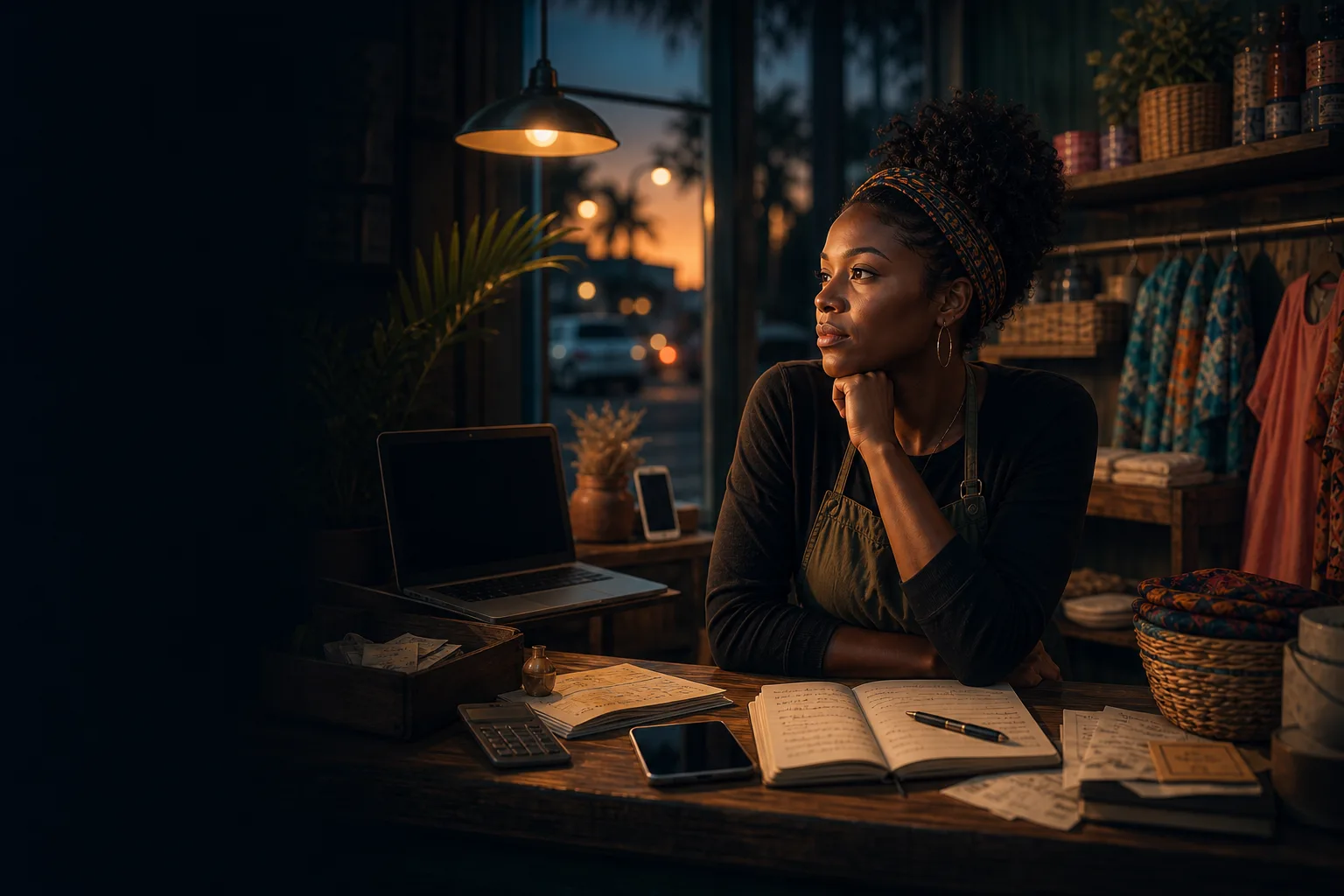 Une cheffe d'entreprise locale qui sert ses clients sur place sans présence digitale claire.