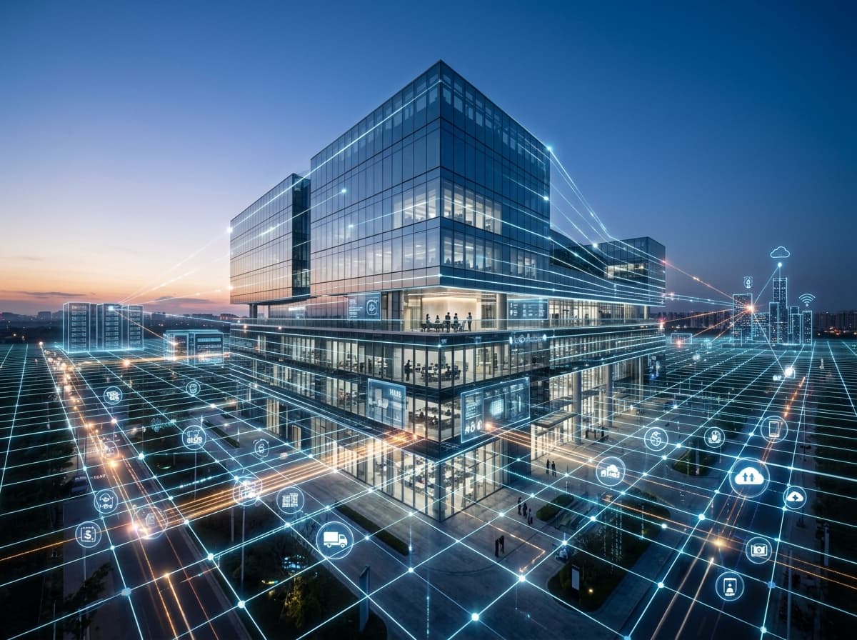 Abstract visualization of a connected digital home and business ecosystem with glowing network nodes.
