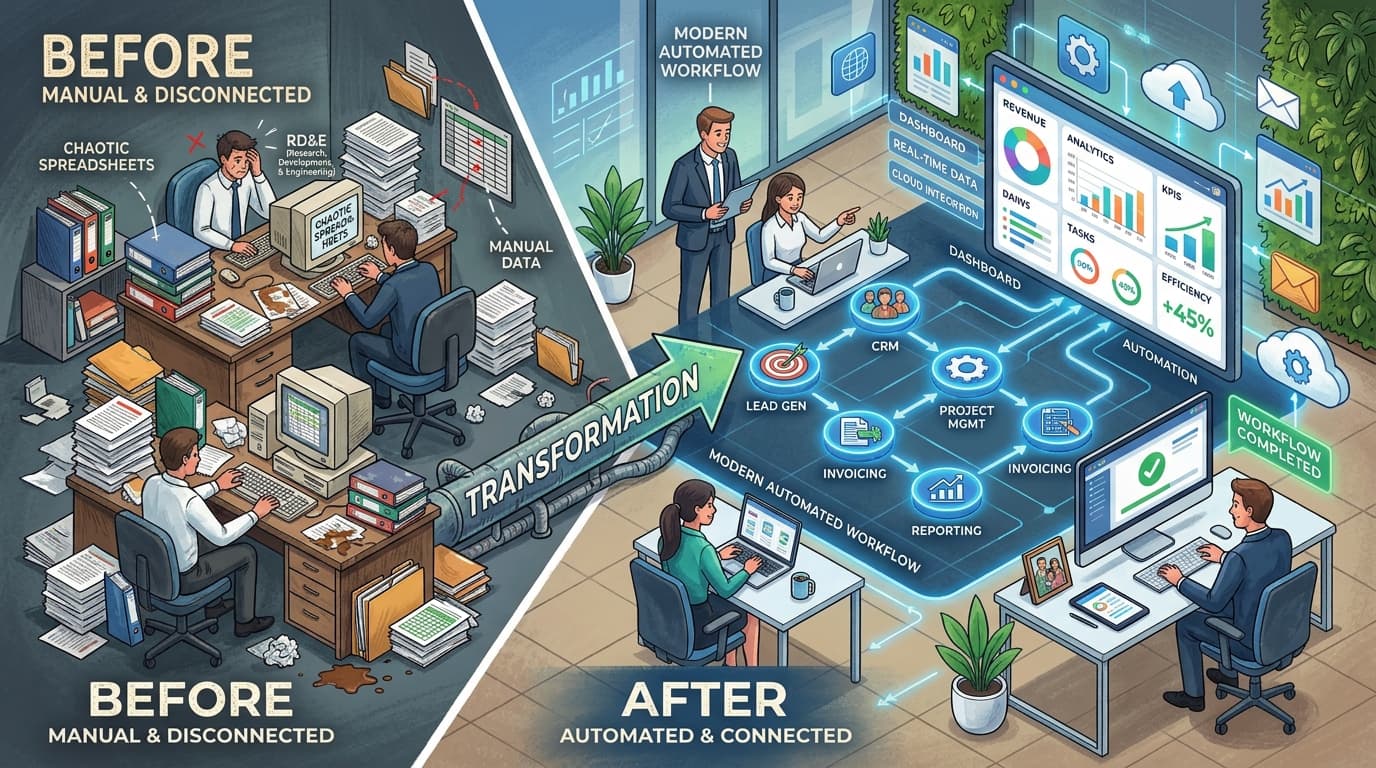 An illustration of a chaotic manual business process transforming into a streamlined, automated digital workflow.