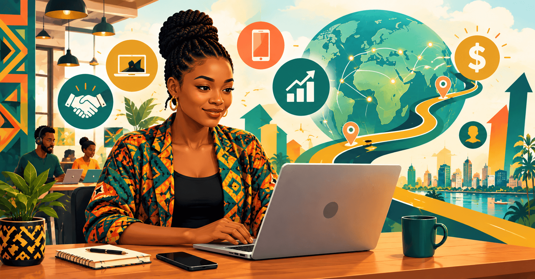 Illustration of a young African freelancer on a laptop with a visual roadmap leading from zero to first client, surrounded by icons representing global connections, growth, and income.